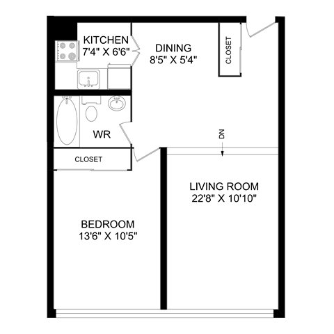 Floor plan for 1 bed, 1 bath, 655 sqft